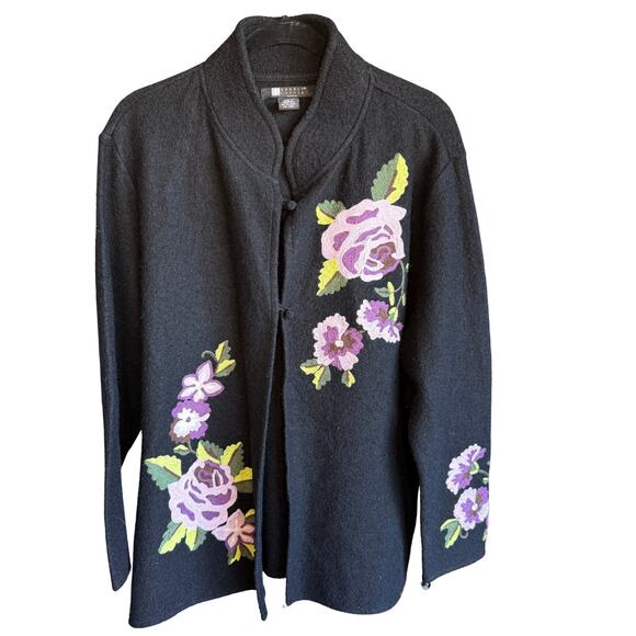 VTG Carole Little Women's 2X 100% Wool Embroidered Floral Button Cardigan Black - Picture 1 of 6